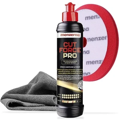 Afbeelding van Menzerna Cut Force Pro 3 in 1 autopolijstset, 250 ml, alles één polijstmiddel voor het verwijderen van krassen, One Step professionele polijstpasta alle soorten lak + pad