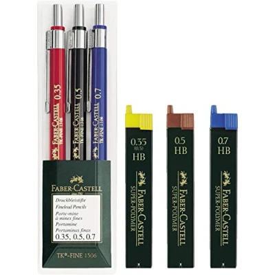 Afbeelding van Faber Castell 130622 vulpotlood TK FINE 3 delig etui (elk een pen 0,35 mm, 0,5 mm en 0,7 mm) voordeelset (vulpotloden + blikjes reservevullingen)