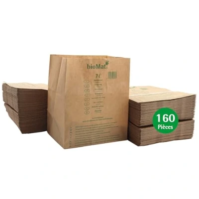 Afbeelding van bioMat Composteerbare papieren vuilniszakken, 7 l, 160 zakjes van kraftpapier voor organisch afval, vochtbestendig, dubbele bodem, gemaakt in Duitsland
