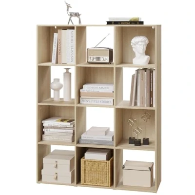 Afbeelding van eSituro Boekenkast met 12 open vakken voor woonkamer, kantoor, slaapkamer, ingenieus hout, licht eiken, 91 x 29 120 cm