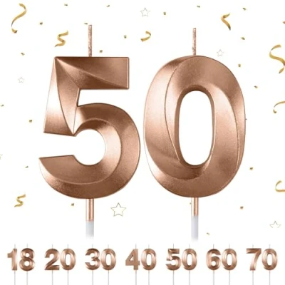 Afbeelding van Verjaardagskaarsen, 3D, cijferkaarsen, 50, champagne, taartdecoratie, verjaardagstaartdecoratie