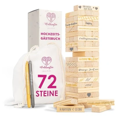 Afbeelding van WeddingTree Houten toren als gastenboek voor bruiloften, met 72 stenen, opbergtas en 3 metalen markeringen, bruiloftsspel gastenboek, alternatief, huwelijksideeën (natuur)