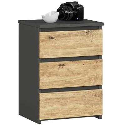Afbeelding van AKORD CL 3 nachtkastje met laden, voor woonkamer, slaapkamer, kantoor, modern functioneel design, 40 x 57 35 cm, gewicht 26 kg, grafietgrijs, ambachtelijk eiken