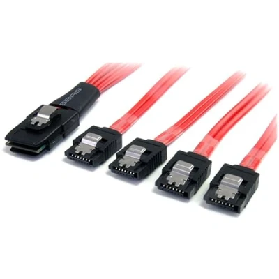 Afbeelding van StarTech.com 50 cm Mini SAS Serial Attached SCSI SFF 8087 mSAS interne naar 4x SATA adapterkabel Latching Lock Rood