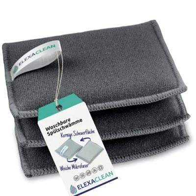Afbeelding van ELEXACLEAN Set van 3 reinigingssponzen (12 x 10 cm, donkergrijs) wasbaar en herbruikbaar, voor potten, servies bestek