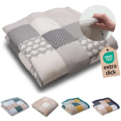 Image de ULLENBOOM tapis d&#039;éveil pour bébé, 140 x cm, 100 % certifié Oeko Tex, fabriqué en UE, épais et doux, rembourré, motif d&#039;éléphants gris, idéal comme couverture de