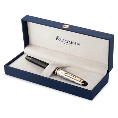 Afbeelding van Waterman Expert rollerbalpen metaal en zwarte lak met gouden detail gebeitelde dop fijne punt Geschenkdoos