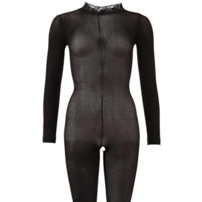 Afbeelding van Mandy Mystery Lingerie Catsuit met Open Rug en Kruis Kant Afgewerkt Kraag Maat M/L Zwart