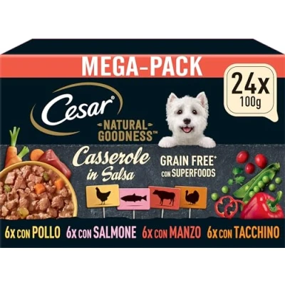 Afbeelding van 48 x 100 g Cesar Natural Goodness Graanvrij met Superfoods Casserole in saus (zalm, kip, rund, kalkoen) natvoer voor honden