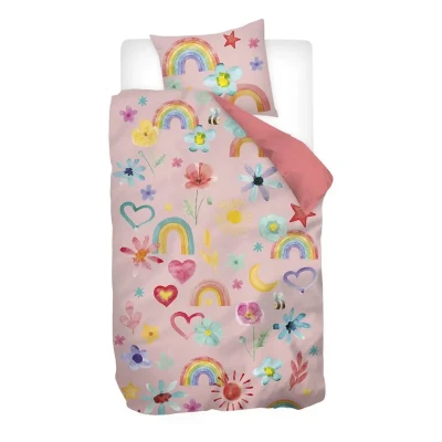 Afbeelding van Snoozing Pink Rainbow Flanel Dekbedovertrek Eenpersoons 140x200/220 cm Roze