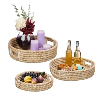 Afbeelding van Relaxdays dienblad zeegras 43 cm gevlochten set van 3 serveerblad handgrepen