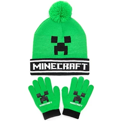 Afbeelding van Minecraft Kids Bobble Hoed Handschoenen Set Creeper Heanie Gamer Muts Gift One Size Zwart, Size, zwart.