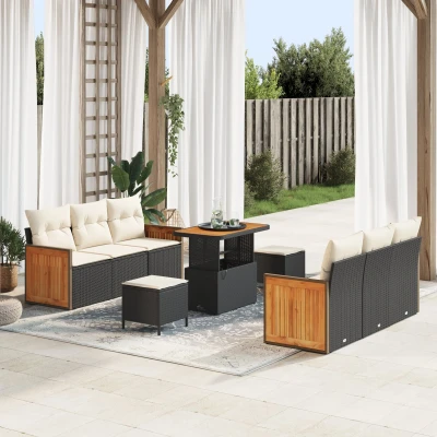 Afbeelding van vidaXL 9 delige Tuin Sofa Set met Kussens Zwart Poly Rattan Acacia, 3 Eet Acacia