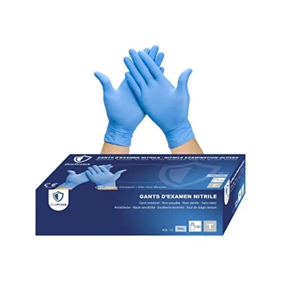 Afbeelding van OneProtek Nitril wegwerphandschoenen, doos met 100 handschoenen, maat L (groot), blauw, latexvrij, duurzaam en multifunctioneel, bescherming tegen chemicaliën