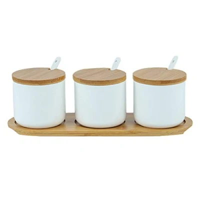 Afbeelding van OnePine Set van 3 keramische kruidenpotjes met bamboe lepel en deksel voor thee, suiker, zout, specerijen