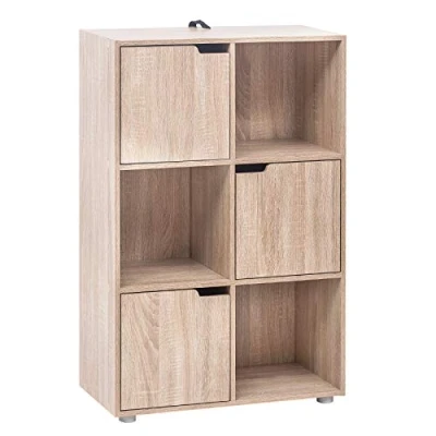 Afbeelding van WOLTU Boekenkast van eiken met 6 opbergkubussen, houten opbergplanken deuren, stofdicht, ideaal voor slaapkamer, woonkamer
