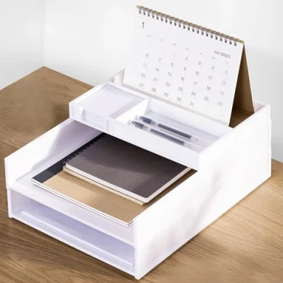 Afbeelding van Eufrozy Stapelbare brievenbak met 3 niveaus, witte papierlade voor klaslokaal, kantoor, kartonnen inbox, bestandsorteerder, A4 papierlade, documentenopslag,