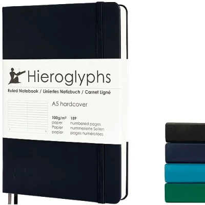 Afbeelding van Hieroglyphs Notitieboek A5 Gelijnd Hardcover 189 Genummerde Pagina’s 100 Grams Papier Elastiek Zwart