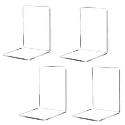Afbeelding van katmerio 4 stuks transparante acryl boekensteunen voor planken, decoratie, geschikt school, thuis, kantoor, bibliotheek, slaapkamer en kantoororganisatie
