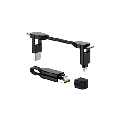 Afbeelding van chargeren X ultrasnelle 6 in 1 draagbare kabel 100 W compatibel met Apple/Samsung/Huawei/Xiaomi/OnePlus apparaten 3 geïntegreerde Lightning/USB C/MicroUSB poorten, laadt alle op, zwart
