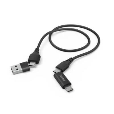 Afbeelding van Hama multi USB oplaadkabel (multi oplader, 4 in 1 oplaadkabel, 2 C/Micro USB/USB A, 480 Mbit/s, 1,5 m, universele C kabel voor laptop, tablet, telefoon) zwart