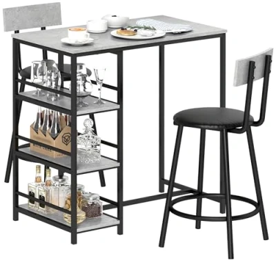 Afbeelding van HOMCOM Bartafelset met krukken, staeettafel 2 barstoelen, hoge keukentafel planken, bartafel en krukken voor eetkamer, keuken, grijs zwart
