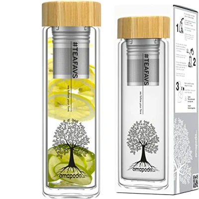 Afbeelding van amapodo theefles met to go zeef glazen van 400 ml dubbelwandige theepot thee accessoires (theeboom design))