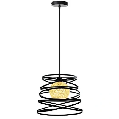 Afbeelding van IDEGU Moderne hanglamp creatieve kroonluchter plafondlamp design spiraal cascade met rotanbal vintage metaal E27 voor slaapkamer woonkamer keuken 30 cm, zwart