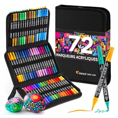 Afbeelding van Zenacolor Acrylvilt, 72 kleuren, dubbele punt (fijne punten en penseel), viltstiften voor volwassenen, acrylstiften verschillende oppervlakken, incl. tas