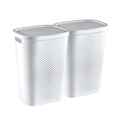 Afbeelding van Curver Infinity Dots gerecyclede wasmand met deksel, 60 liter, 2 stuks, wit