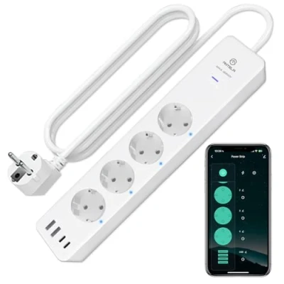 Afbeelding van ANTELA Intelligente wifi stekkerdoos, 3680 W/16 A, 4 stopcontacten + 2 USB A+2 C (snel opladen), meting van het stroomverbruik, timerfunctie, compatibel met Alexa en Google Home