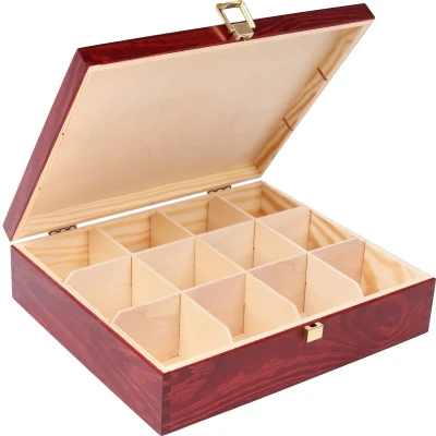 Afbeelding van Creative Deco Houten Theedoos Rood 12 Vakken 29 x 25 7,5 cm met Deksel Gelakt Hout
