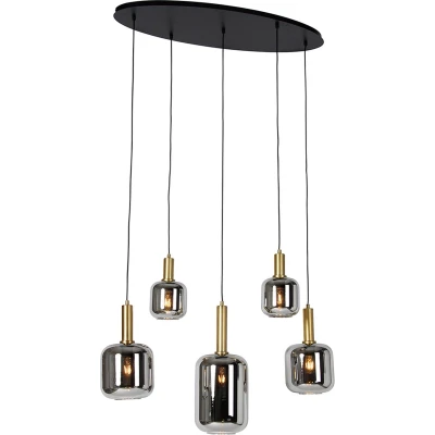 Afbeelding van QAZQA Hanglamp zwart met goud en smoke glas ovaal 5 lichts Zuzanna