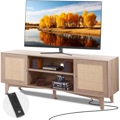 Image de VEVOR Meuble TV en Rotin pour Téléviseur 75&quot; Banc avec Prise Intégrée Chêne