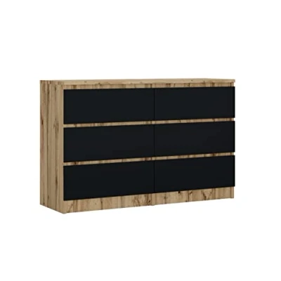 Afbeelding van 3xEliving commode met 6 laden, dressoir wotan eik &amp; zwart, L: 120 cm, H: 79 D: 39 slaapkamerkast volwassene kind, woonkamer, slaapkamer, opbergmeubel, kast voor