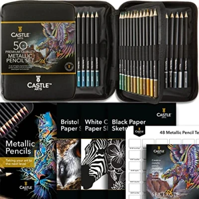Afbeelding van Castle Art Supplies Set van 48 metallic kleurpotloden, glinsterende tinten, wasvullingen voor professionals, volwassen kunstenaars en coloristen, georganiseerd in een robuuste draagtas met