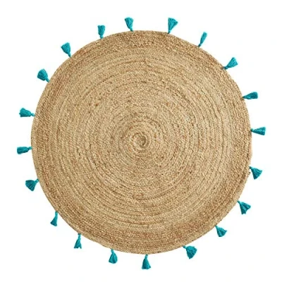 Afbeelding van jute vloerkleed met turquoise kwastjes,dia 120 cm Tapijt turkoois
