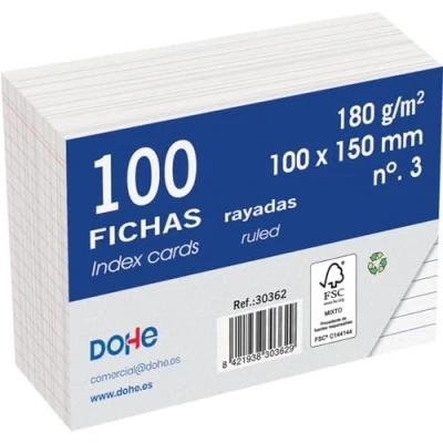 Afbeelding van Dohe Set van 100 gelinieerde kaarten karton Notitiekaarten, DIN A6 (15 x 10 cm), 180 g/m², nr. 3, kantoorbenodigdheden, wit