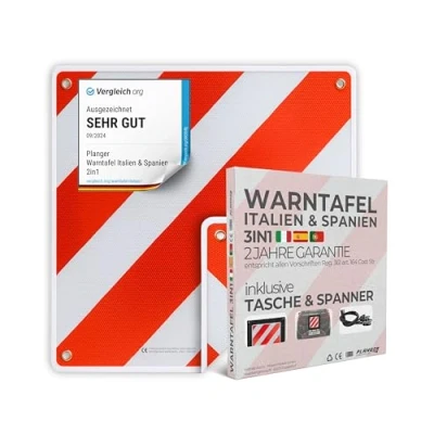 Afbeelding van waarschuwingsbord Italië en Spanje (bord + tas spanner) 2 in 1 (50 x 50 cm) reflecterend rood wit voor fietsendrager