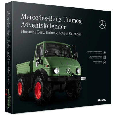 Afbeelding van FRANZIS 55406 Mercedes Benz Unimog Adventskalender groen, modelleerset van metaal in schaal 1:43, met geluidsmodule en 52 pagina&#039;s begeleidingsboek