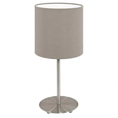 Afbeelding van EGLO Tafellamp Pasteri, 1 lamp textiel tafellamp, bedlampje van staal en stof, kleur: mat nikkel, taupe, fitting: E14, incl. schakelaar, H: 27,5 cm