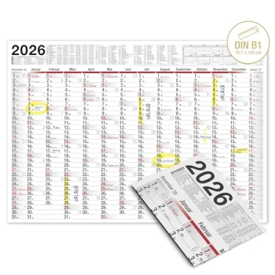 Afbeelding van TOBJA wandkalender 2025, groot formaat met Duitse feestdagen en feestdagen, AT Jaarplanner 2025 100 x 70 cm XXL opgerold of opgevouwen kalender