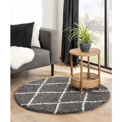 Afbeelding van Rond Hoogpolig Tapijt/Vloerkleed Ruiten Habitat Grijs/wit 80 Cm