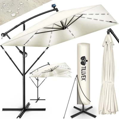 Afbeelding van tillvex Rechthoekige zweefparasol Ø 330 cm + beschermhoes en windscherm Vierkante crankparasol met standaard Tuinparasol voor buiten, uv bescherming, van aluminium, Beige LED