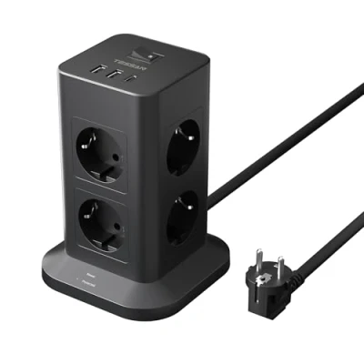 Afbeelding van TESSAN Stekkerdoos, overspanningsbeveiliging, 3600 W, 16 A, 8 stopcontacten, met USB C en 2 stekkerdoos m verlenging, voor thuis, zwart