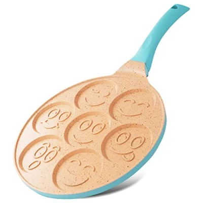 Afbeelding van Joeji&#039;s Kitchen 7 pannenkoekenpan met antiaanbaklaag van gegoten aluminium, 26,6 cm, voor inductie, smileys het bakken vetarme eieren, pannenkoeken, blauw