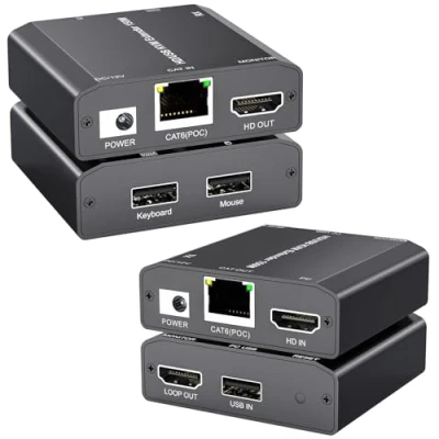 Afbeelding van YOUTINGHDAV HDMI USB KVM extender met verliesvrije latentie over IP Ethernet tot 150 m via CAT6/CAT5e, Plug and Play, ondersteunt 1080P @ 60Hz, Loop Out, POE, muis en toetsenbord op afstand PC