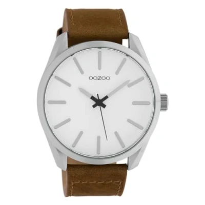 Afbeelding van Oozoo Klassiek herenhorloge met lederen band 46 mm, Wit/Bruin, Riem