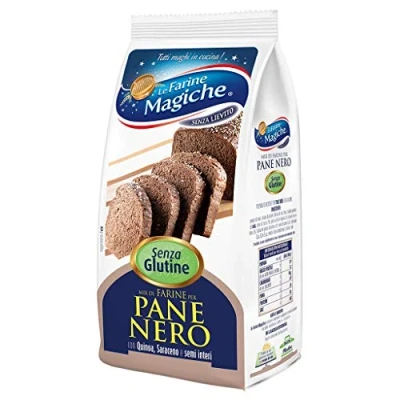 Afbeelding van Le Farine Magiche Mix broodmeel voor zwartbrood, glutenvrij en lactosevrij, rijk aan vezels mineraalzouten, ideaal pizza, focus, 300 g
