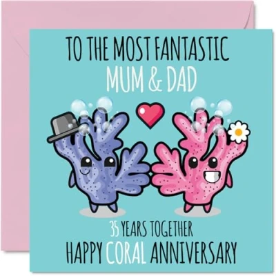 Afbeelding van Schattige koraal bruiloft verjaardagskaart voor mama en papa 35 jaar samen wenskaarten 35e huwelijksverjaardag papa, mama, 145 mm x vijfendertigste verjaardag